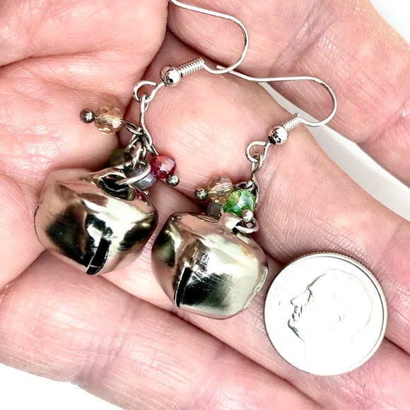 Christmas Silver Jingle Bell with Red Green Multicolor Crystal Dangle Earrings - Picture 4 of 4